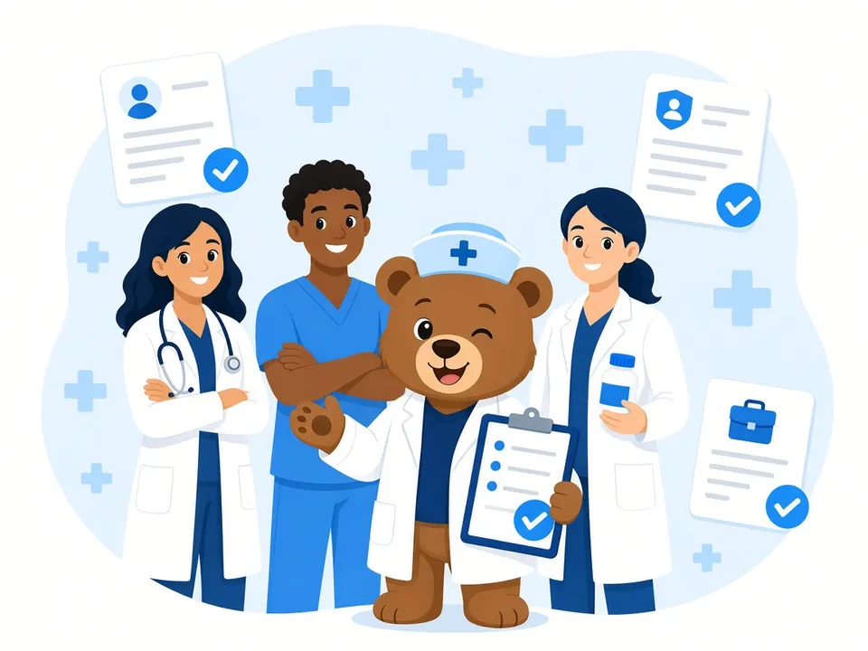 Selección de personal sanitario Ilustración del oso de Pardo Selección presentando a una médica, un enfermero y una farmacéutica