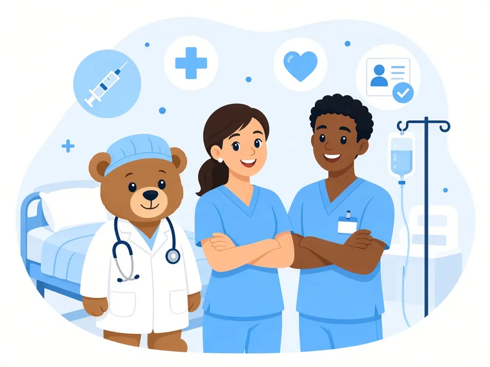 Selección de enfermería y TCAE Ilustración del oso de Pardo Selección junto a una enfermera y un auxiliar de enfermería en una planta de hospital