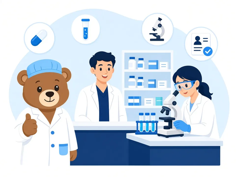 Ilustración del oso de Pardo Selección con un farmacéutico y una técnica de laboratorio al microscopio