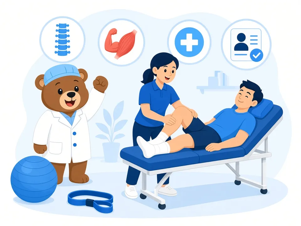 Selección de fisioterapeutas Ilustración del oso de Pardo Selección animando a una fisioterapeuta que trata la rodilla de un paciente