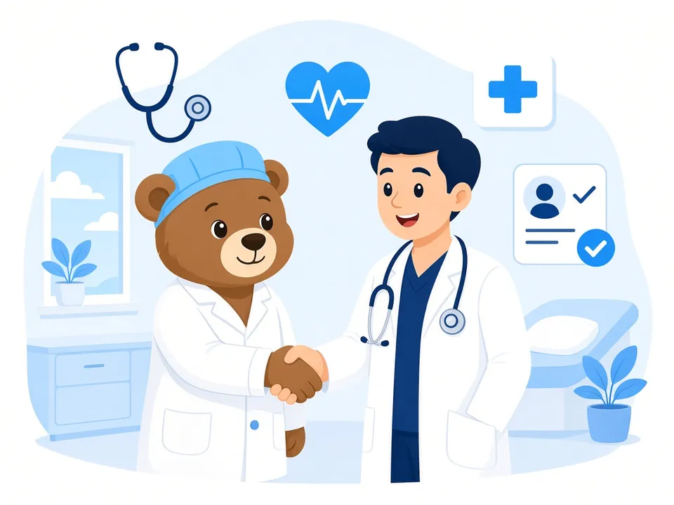 Ilustración del oso de Pardo Selección dando la mano a un médico en su consulta