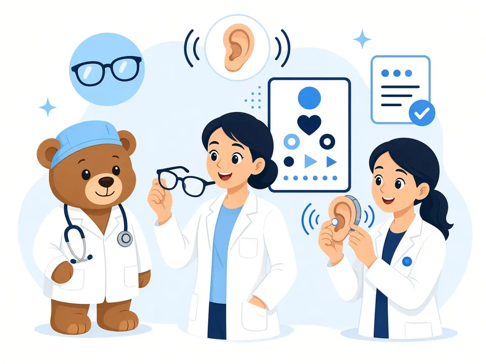 Selección de ópticos y audioprotesistas Ilustración del oso de Pardo Selección con una óptica-optometrista y una audioprotesista